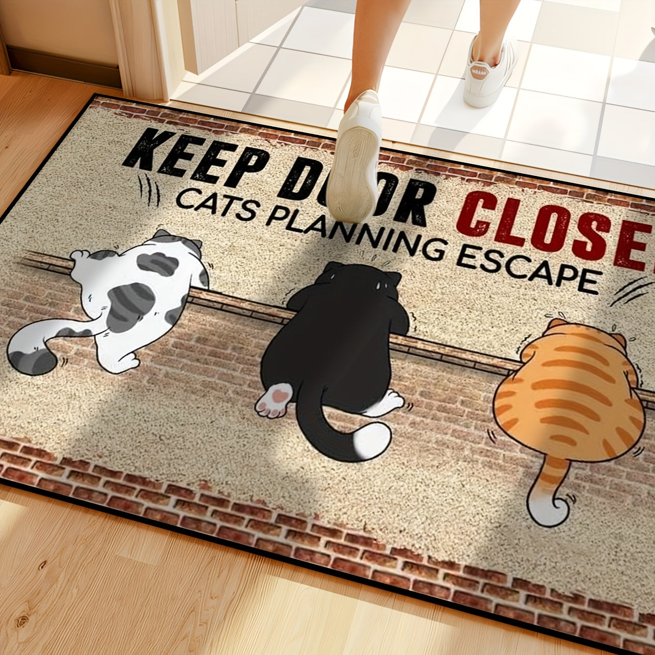 1pc Cute Cat Warning Mat - "KEEP DOOR CLOSED CATS PLANNING ESCAPE" Design, Non-Slip, Machine Washable, Polyester Fiber, Ideal for Kitchen, Bedroom, Living Room Entrances, All-Season Use, Pet Safety Mat | Playful Cat Design |