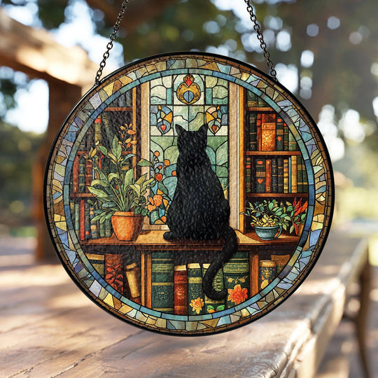 Black Cat & Book Stained Glass Suncatcher – Gothic Window Hanging for Book Lovers & Librarian Decor
