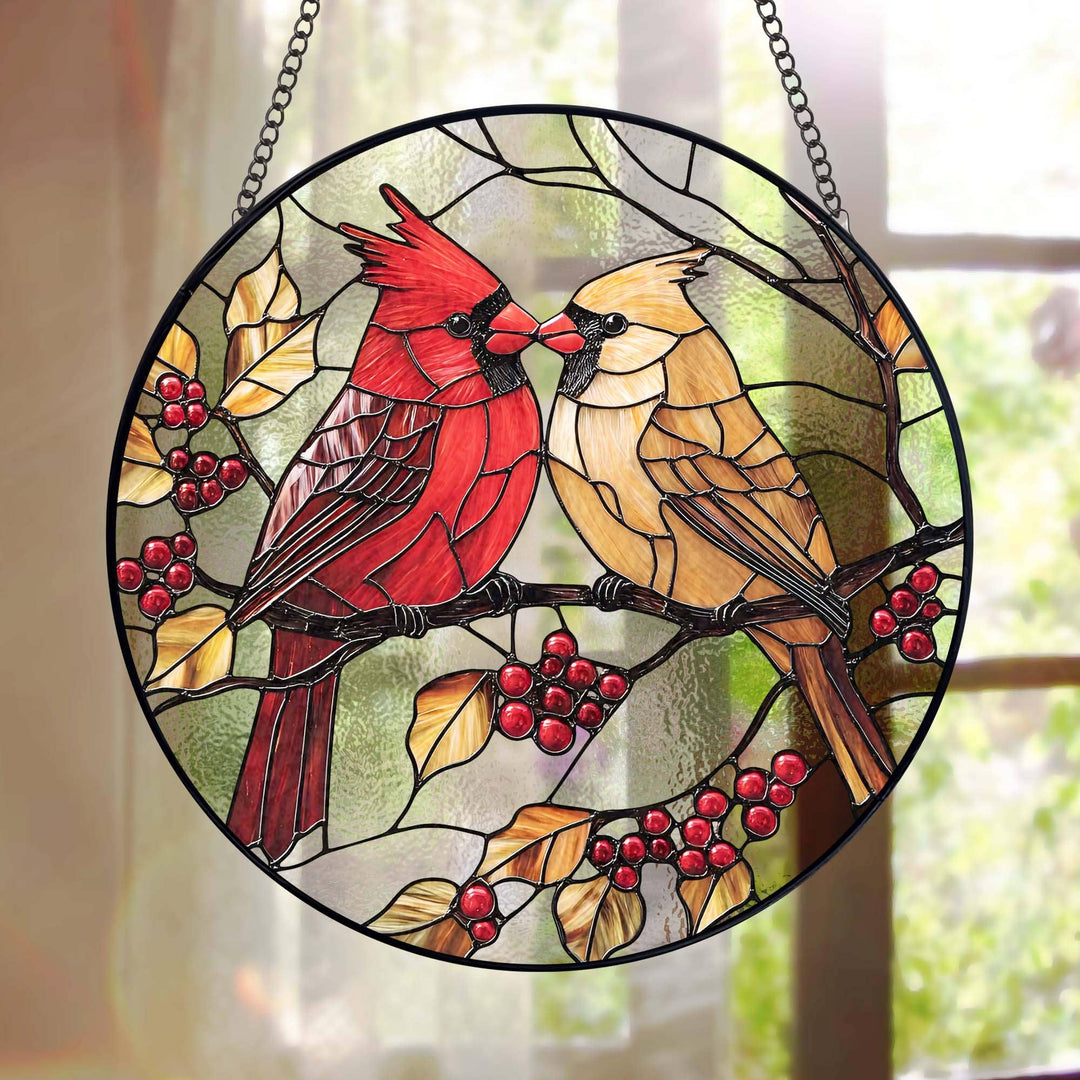 Mr. & Mrs. Cardinal Stained Glass Suncatcher – Handmade Bird Window Hanging Home Decor