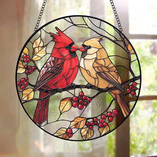 Mr. & Mrs. Cardinal Stained Glass Suncatcher – Handmade Bird Window Hanging Home Decor