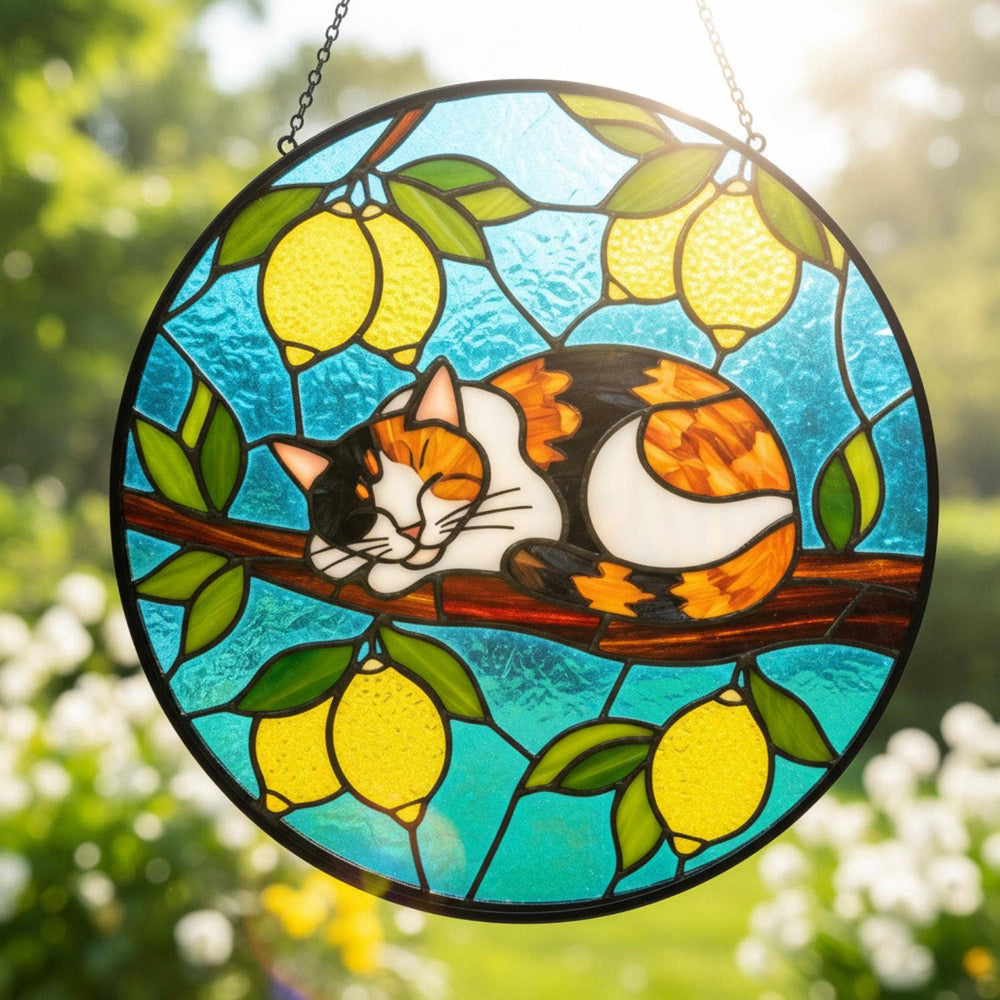 Cat Mom Suncatcher – Sleeping Kitty on Lemon Tree | Stained Glass Window Decor