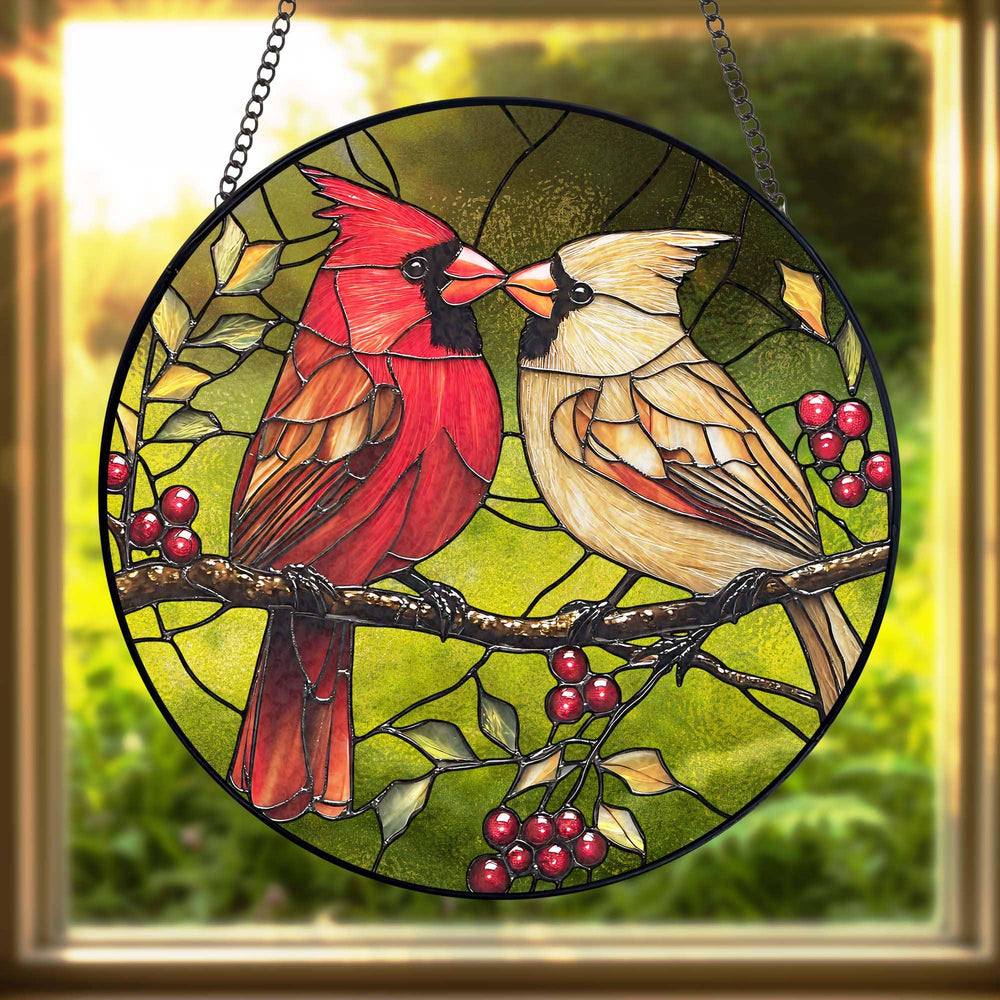Mr. & Mrs. Cardinal Stained Glass Suncatcher – Handmade Bird Window Hanging Home Decor