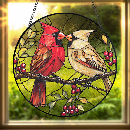 Mr. & Mrs. Cardinal Stained Glass Suncatcher – Handmade Bird Window Hanging Home Decor