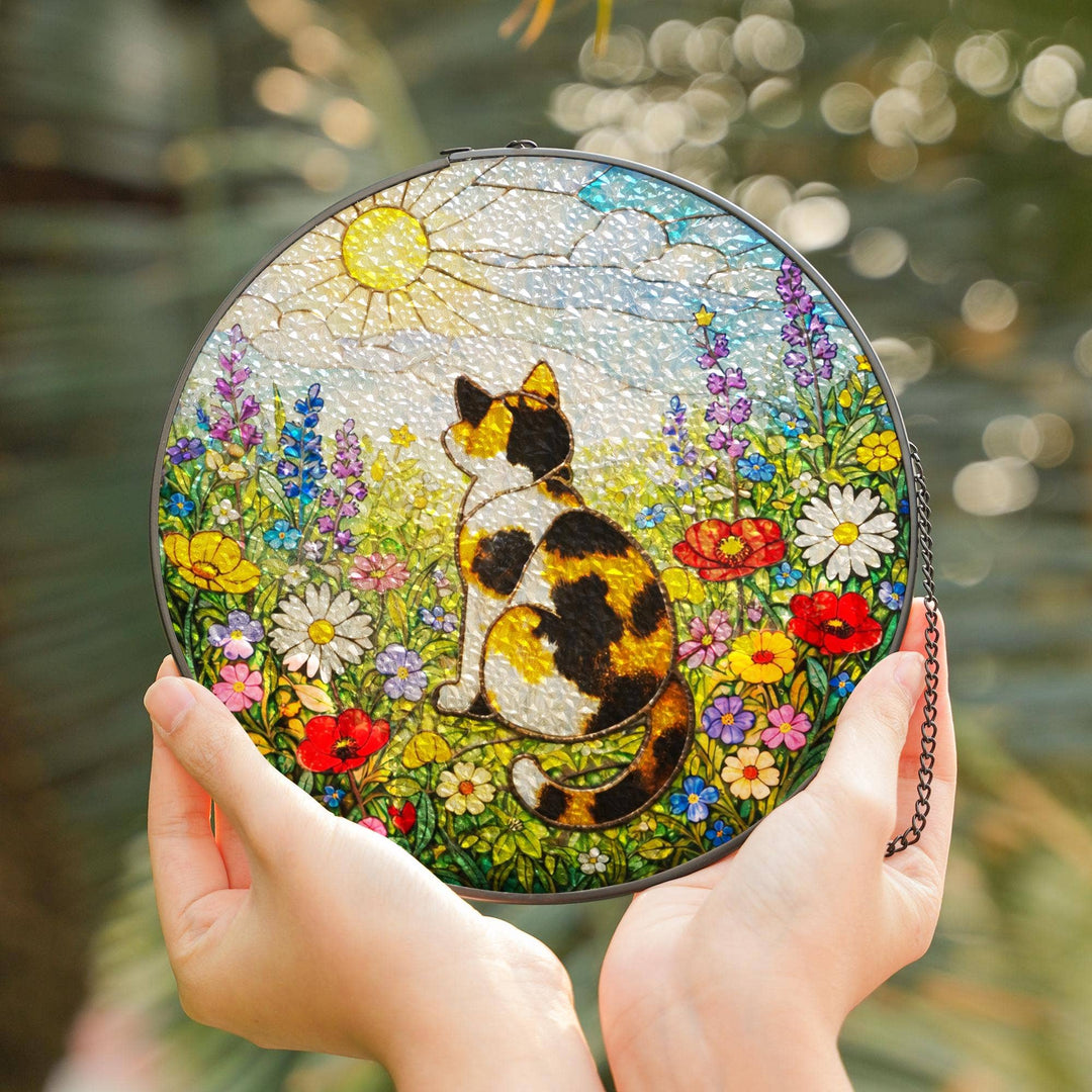 Calico Cat Suncatcher – Wildflower Meadow | Stained Glass Window Decor