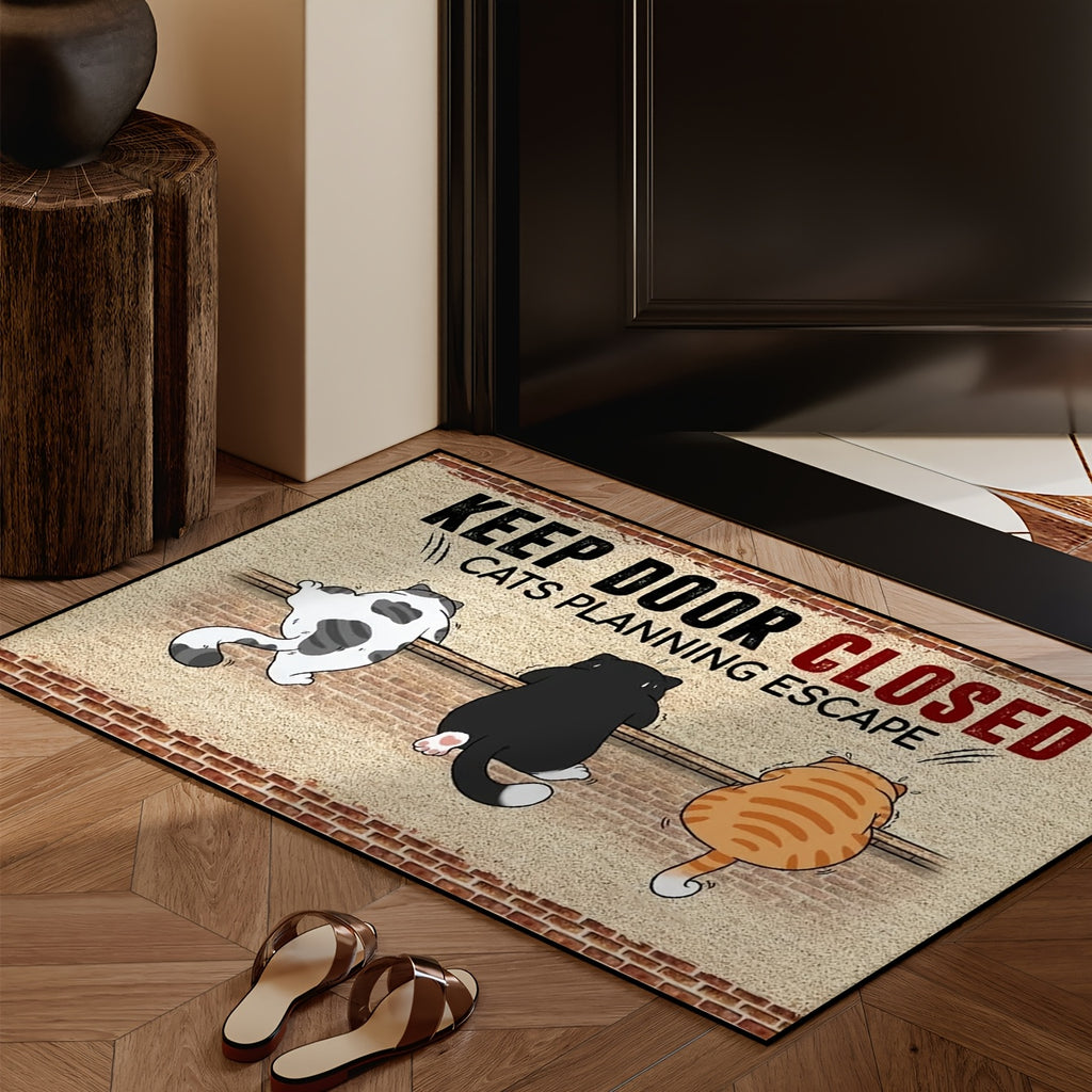 1pc Cute Cat Warning Mat - "KEEP DOOR CLOSED CATS PLANNING ESCAPE" Design, Non-Slip, Machine Washable, Polyester Fiber, Ideal for Kitchen, Bedroom, Living Room Entrances, All-Season Use, Pet Safety Mat | Playful Cat Design |