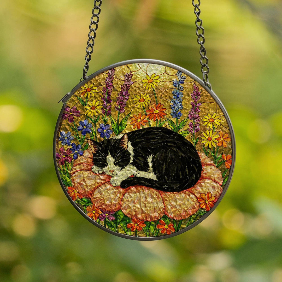 Tuxedo Cat Suncatcher – Sleeping Cat Stained Glass Window Decor | Made in USA