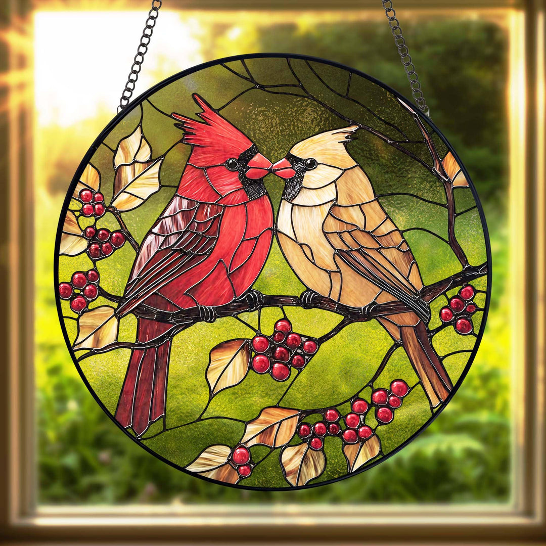 Mr. & Mrs. Cardinal Stained Glass Suncatcher – Handmade Bird Window Hanging Home Decor