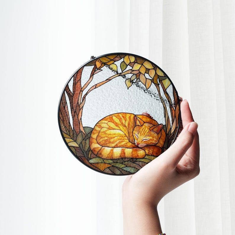 Orange Tabby Cat Suncatcher – Sleeping Cat Stained Glass Window Decor | Made in USA