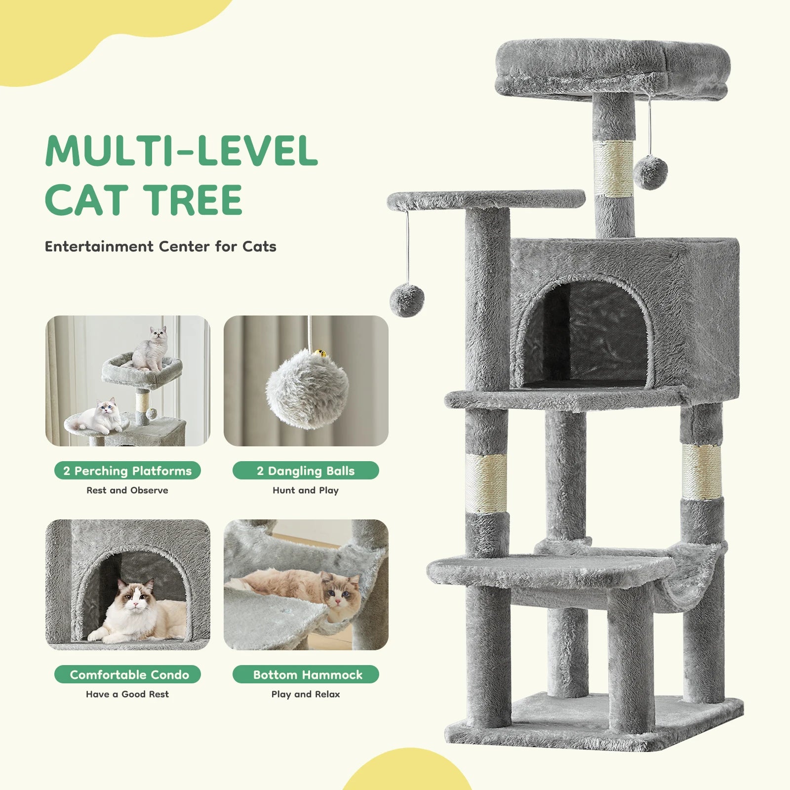 Cat Climbing Cat Tree 44" Tall Tower for Pet Furniture Natural Sisal Scratching Posts Stable Pet House for Indoor Cat