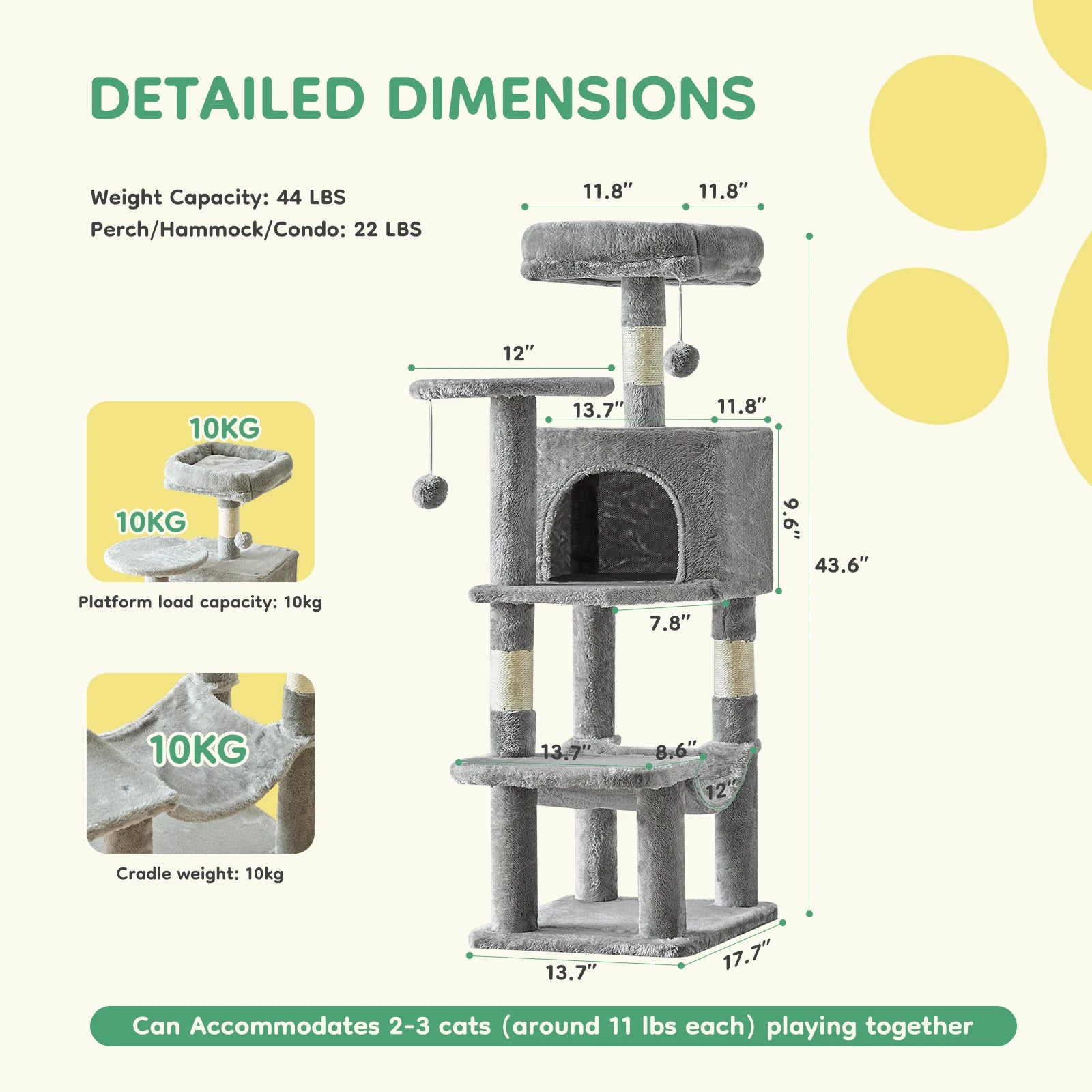 Cat Climbing Cat Tree 44" Tall Tower for Pet Furniture Natural Sisal Scratching Posts Stable Pet House for Indoor Cat