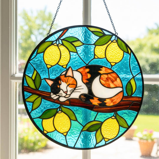Cat Mom Suncatcher – Sleeping Kitty on Lemon Tree | Stained Glass Window Decor