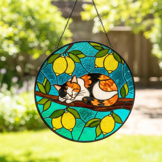 Cat Mom Suncatcher – Sleeping Kitty on Lemon Tree | Stained Glass Window Decor