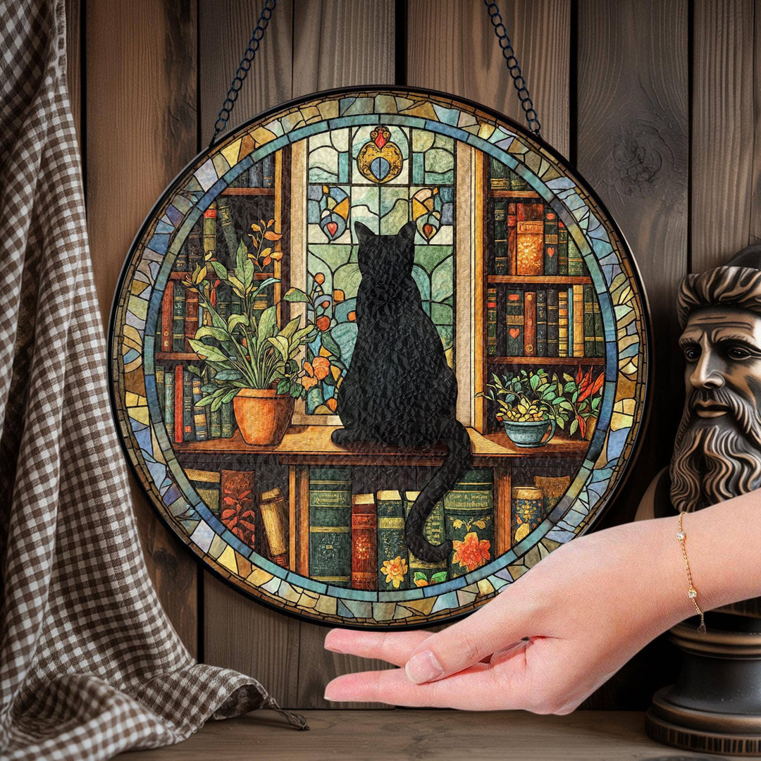 Black Cat & Book Stained Glass Suncatcher – Gothic Window Hanging for Book Lovers & Librarian Decor