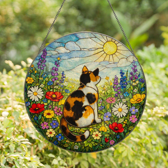 Calico Cat Suncatcher – Wildflower Meadow | Stained Glass Window Decor