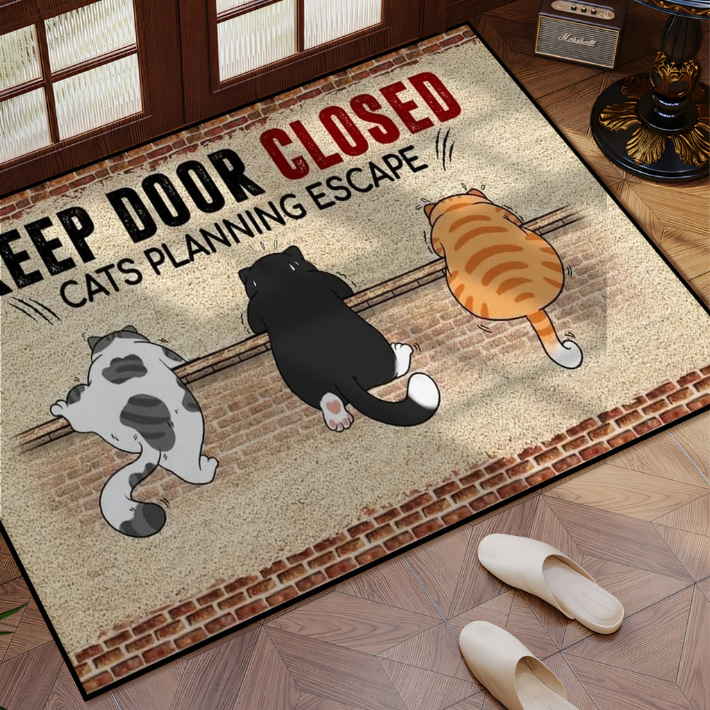 1pc Cute Cat Warning Mat - "KEEP DOOR CLOSED CATS PLANNING ESCAPE" Design, Non-Slip, Machine Washable, Polyester Fiber, Ideal for Kitchen, Bedroom, Living Room Entrances, All-Season Use, Pet Safety Mat | Playful Cat Design |