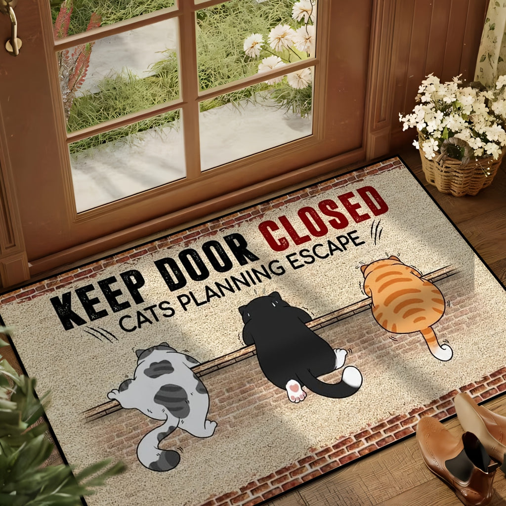 1pc Cute Cat Warning Mat - "KEEP DOOR CLOSED CATS PLANNING ESCAPE" Design, Non-Slip, Machine Washable, Polyester Fiber, Ideal for Kitchen, Bedroom, Living Room Entrances, All-Season Use, Pet Safety Mat | Playful Cat Design |