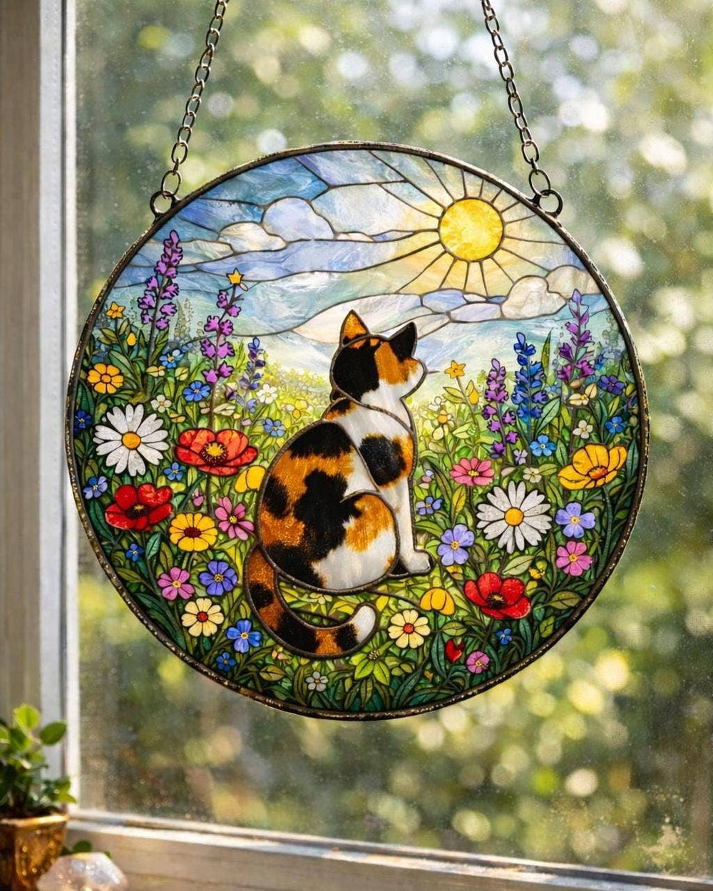 Calico Cat Suncatcher – Wildflower Meadow | Stained Glass Window Decor