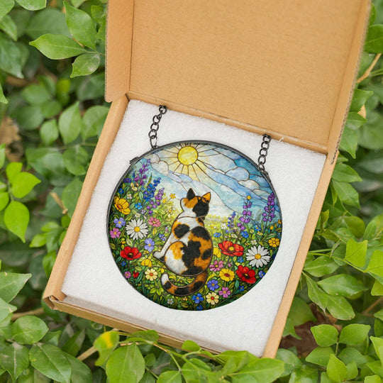 Calico Cat Suncatcher – Wildflower Meadow | Stained Glass Window Decor