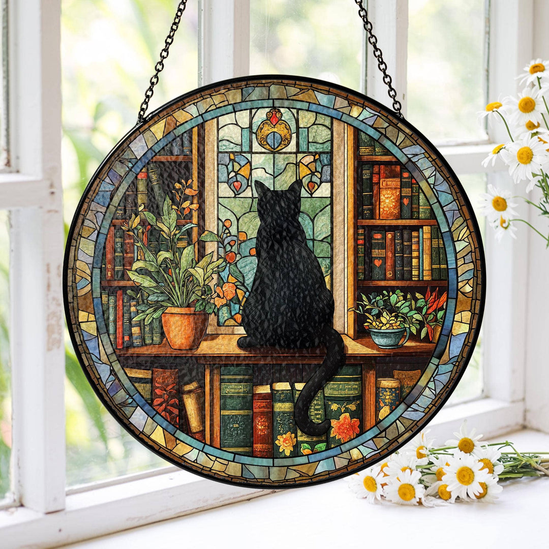 Black Cat & Book Stained Glass Suncatcher – Gothic Window Hanging for Book Lovers & Librarian Decor