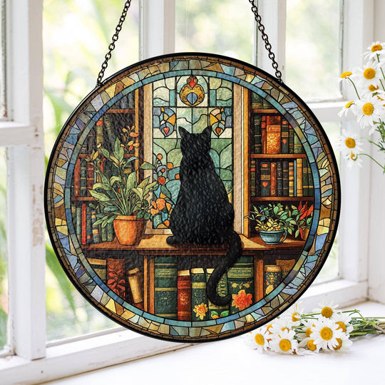 Black Cat & Book Stained Glass Suncatcher – Gothic Window Hanging for Book Lovers & Librarian Decor