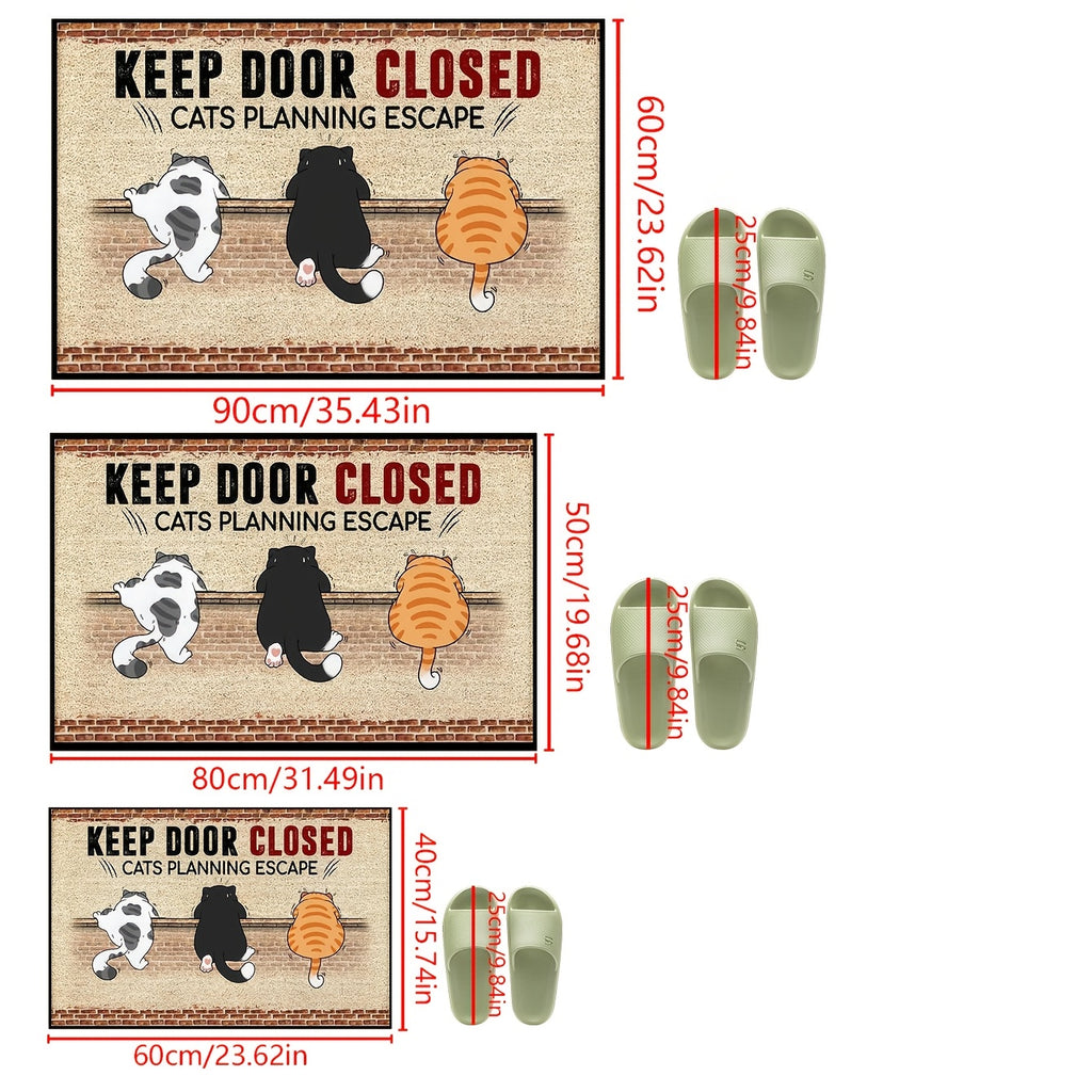 1pc Cute Cat Warning Mat - "KEEP DOOR CLOSED CATS PLANNING ESCAPE" Design, Non-Slip, Machine Washable, Polyester Fiber, Ideal for Kitchen, Bedroom, Living Room Entrances, All-Season Use, Pet Safety Mat | Playful Cat Design |