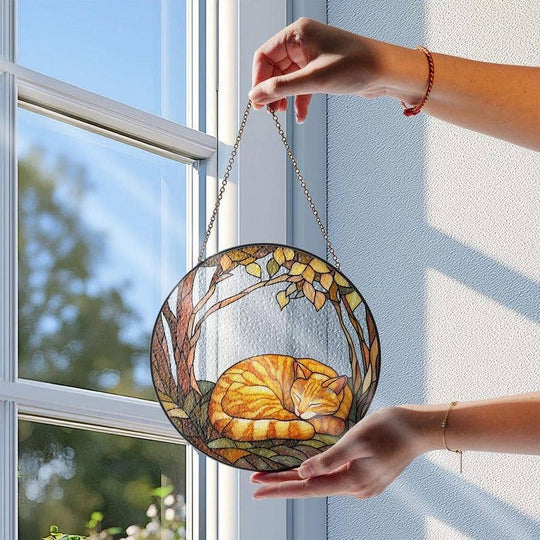Orange Tabby Cat Suncatcher – Sleeping Cat Stained Glass Window Decor | Made in USA