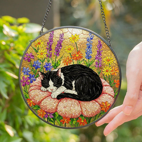 Tuxedo Cat Suncatcher – Sleeping Cat Stained Glass Window Decor | Made in USA