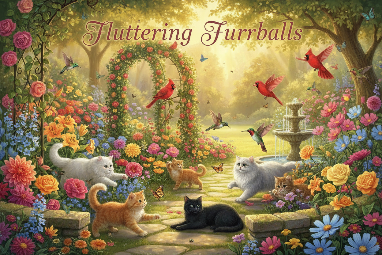 Fluttering Furrballs banner with cats, kittens, hummingbirds and cardinals